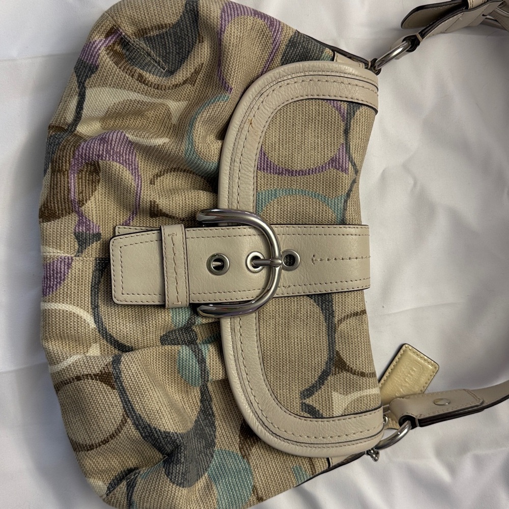 COACH Y2K SOHO OPTIC LINEN LEATHER BUCKLE FLAP HOBO BAGUETTE SHOULDER BAG